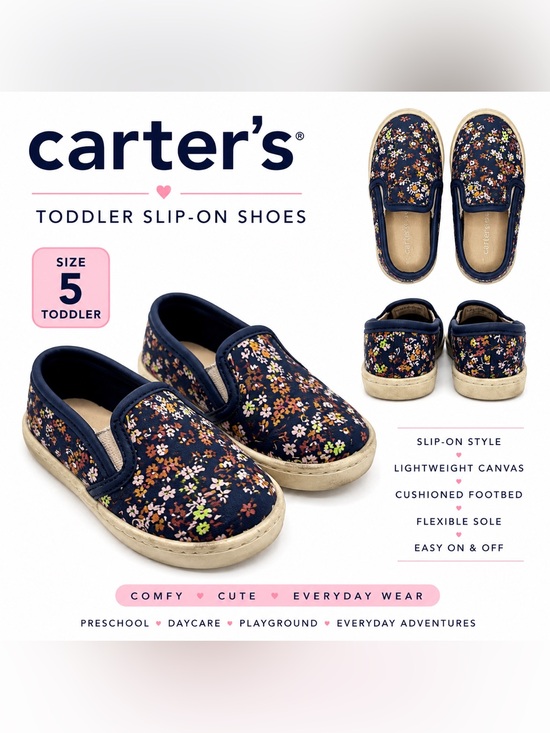 Carter's Other - Carter’s Toddler Floral Slip-On Shoes Size 5 Navy Canvas Sneakers